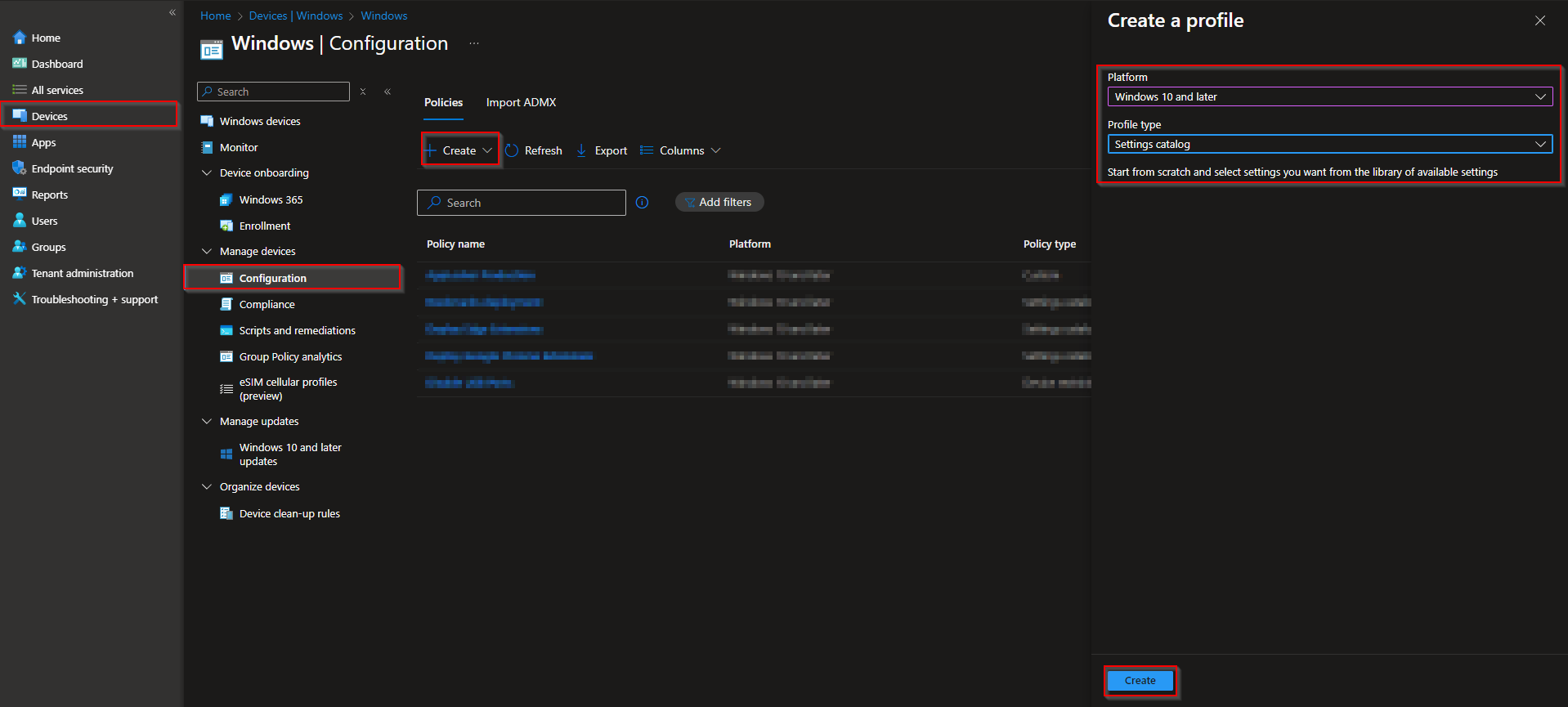 Creating a new Settings catalog configuration profile in Intune